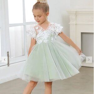 JJ's House green Flower Girl Dress A-Line V-neck White flower tulle dress 4T